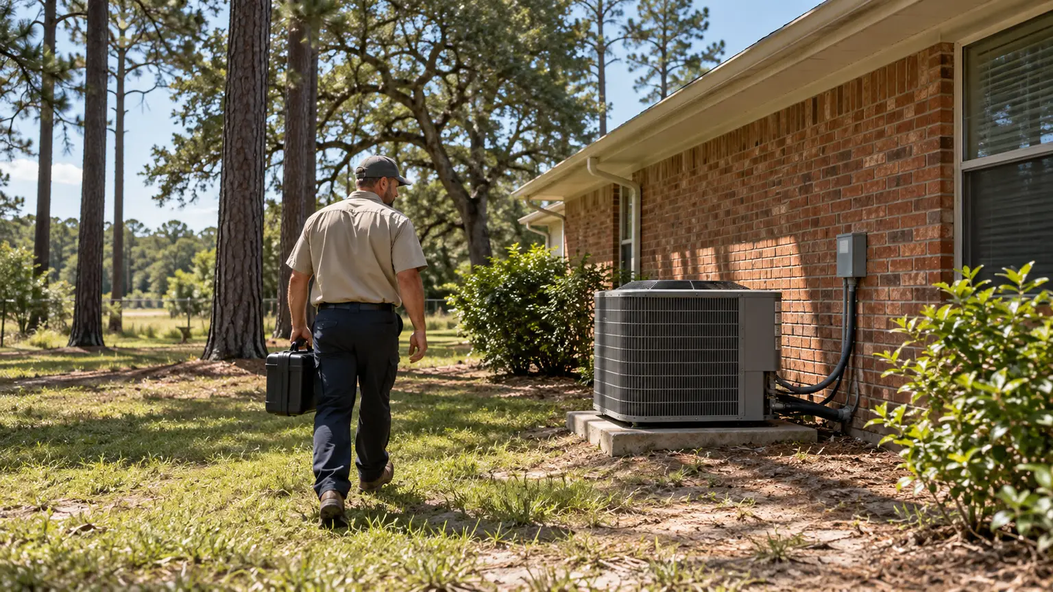 A technician in a plain khaki uniform carries a service case toward the outdoor AC unit of a brick ranch house under tall pines.